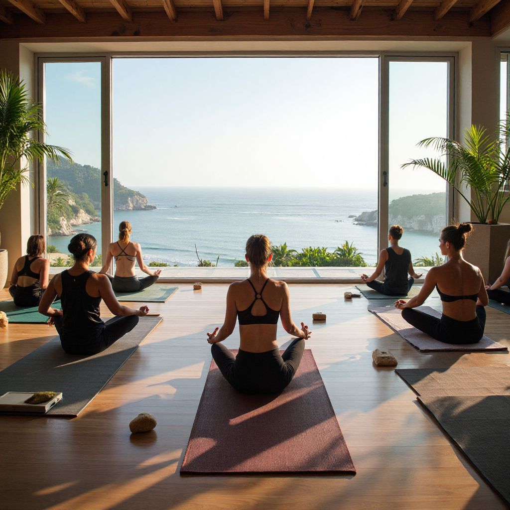 yoga class in session ocean view large windows natural lighting