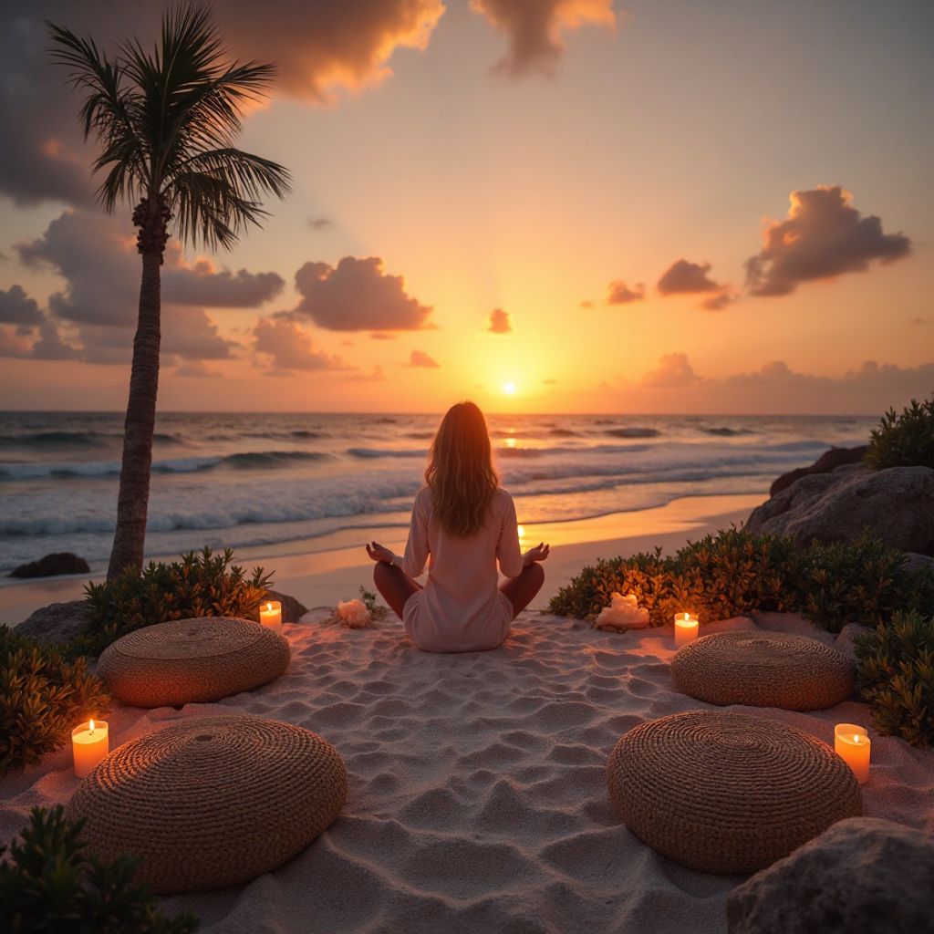 meditation area ocean sunset golden hour peaceful serene space