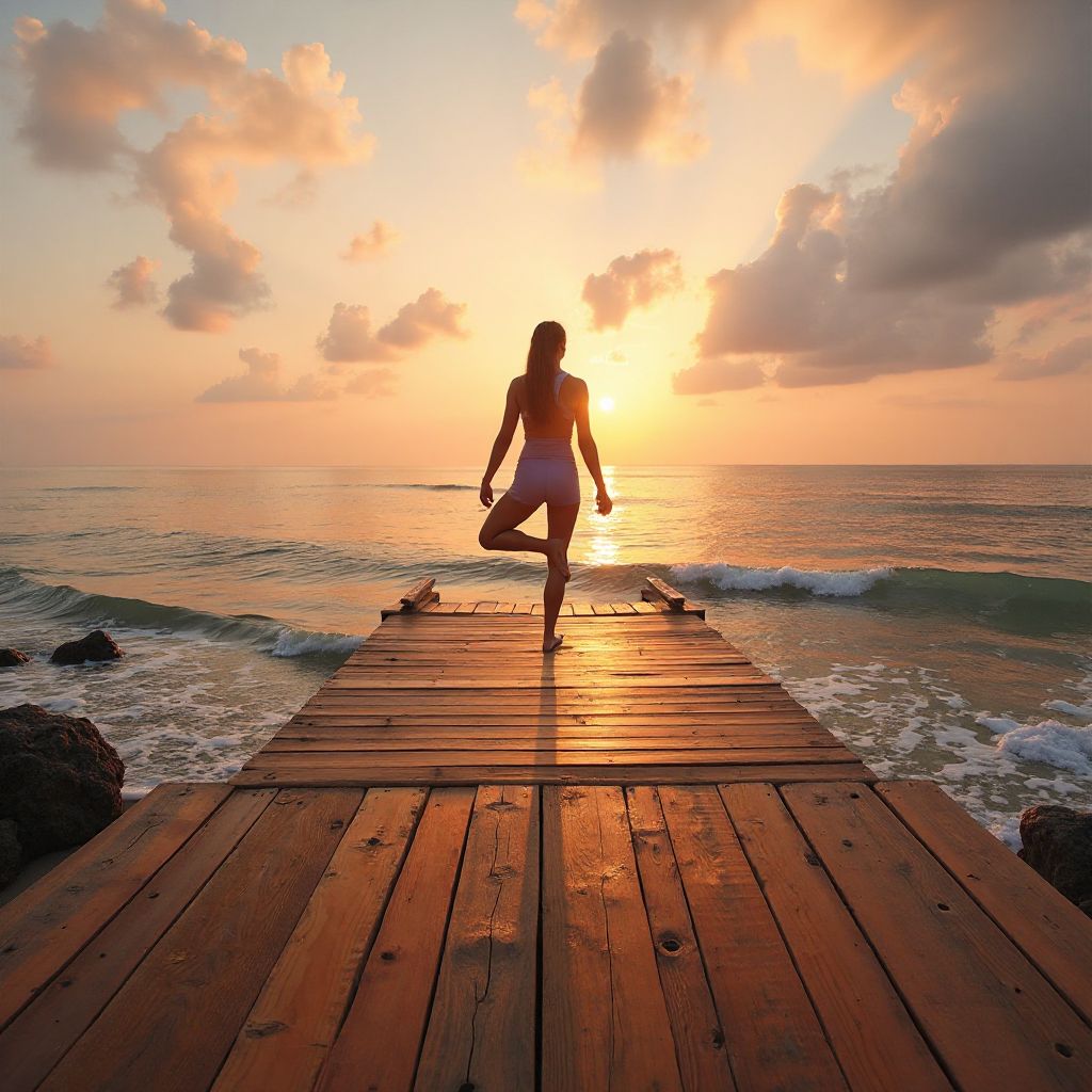 outdoor yoga deck beach platform sunrise ocean view peaceful
