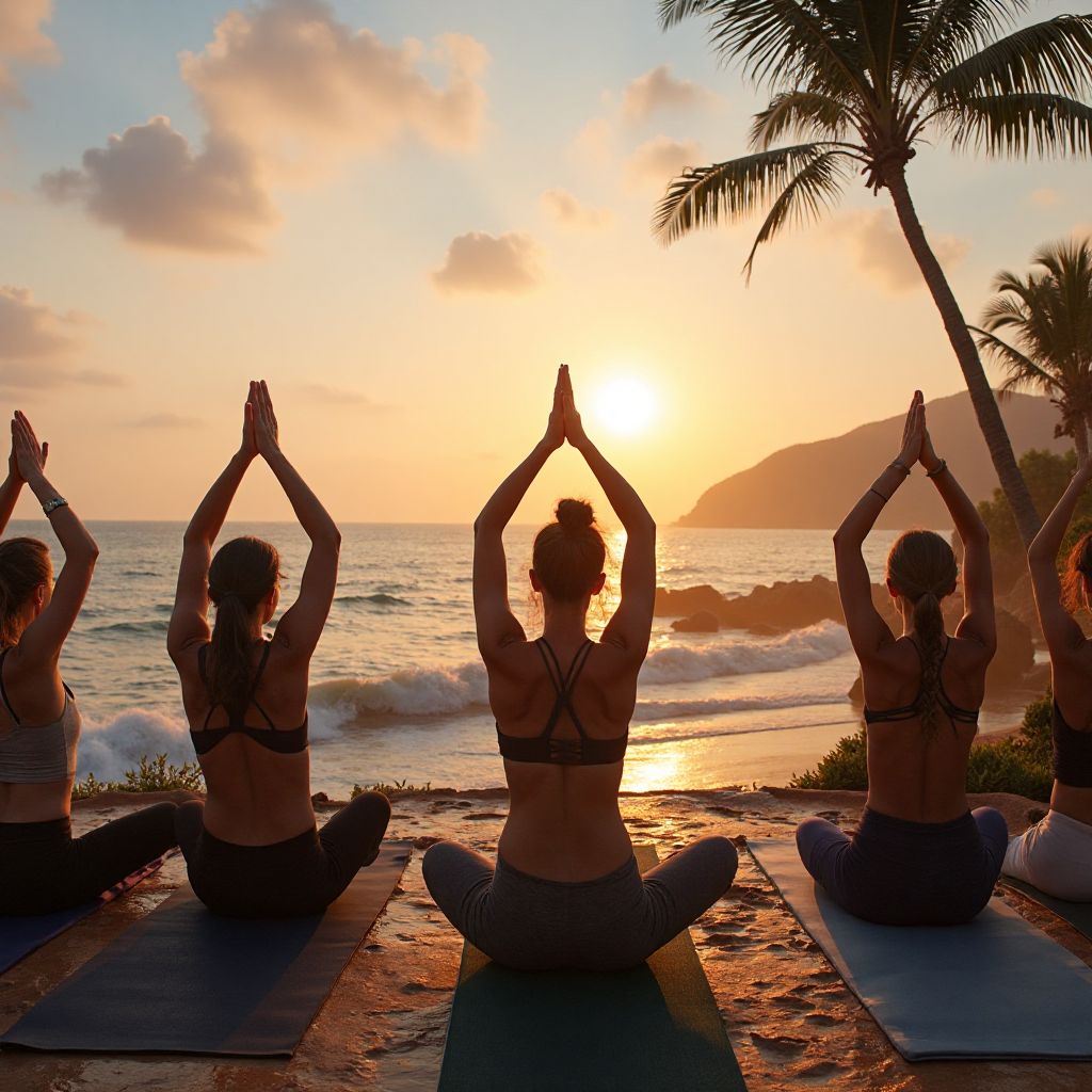 Group yoga class with ocean view